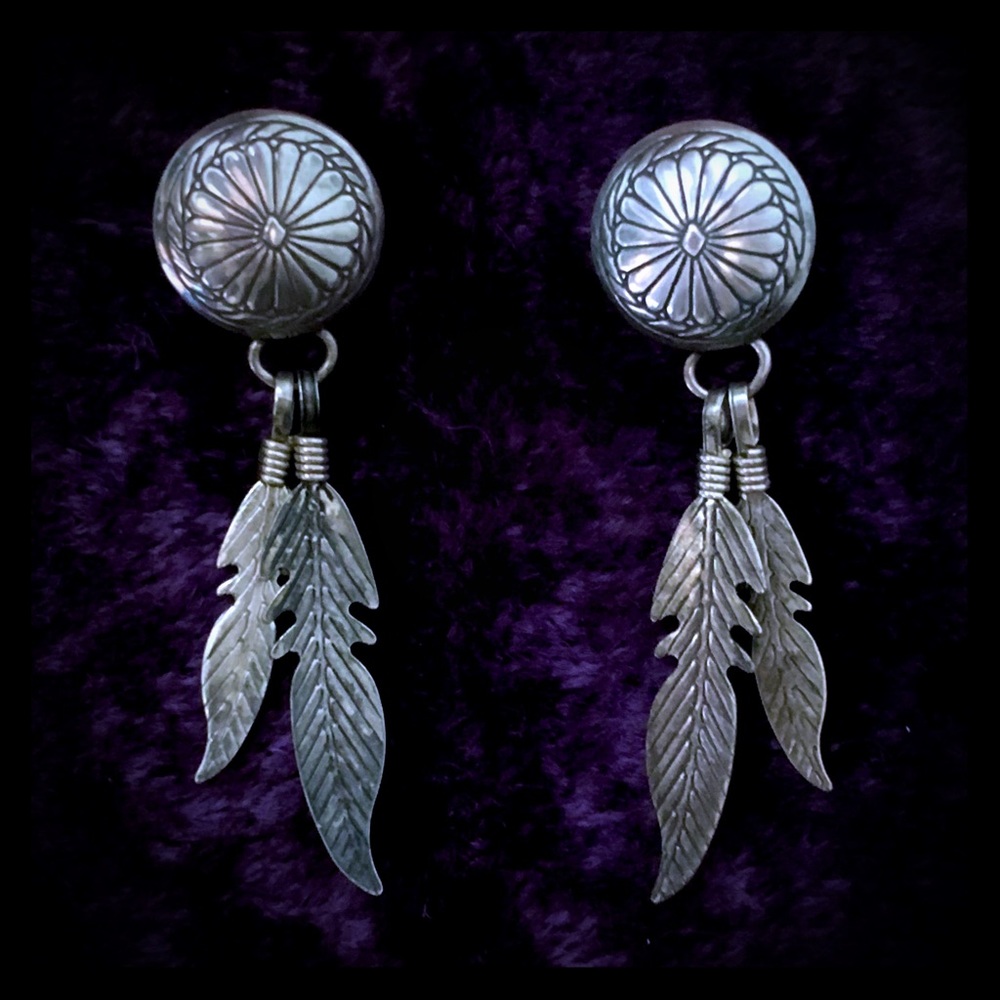 Vintage Sterling Concho Feather Dangle earrings